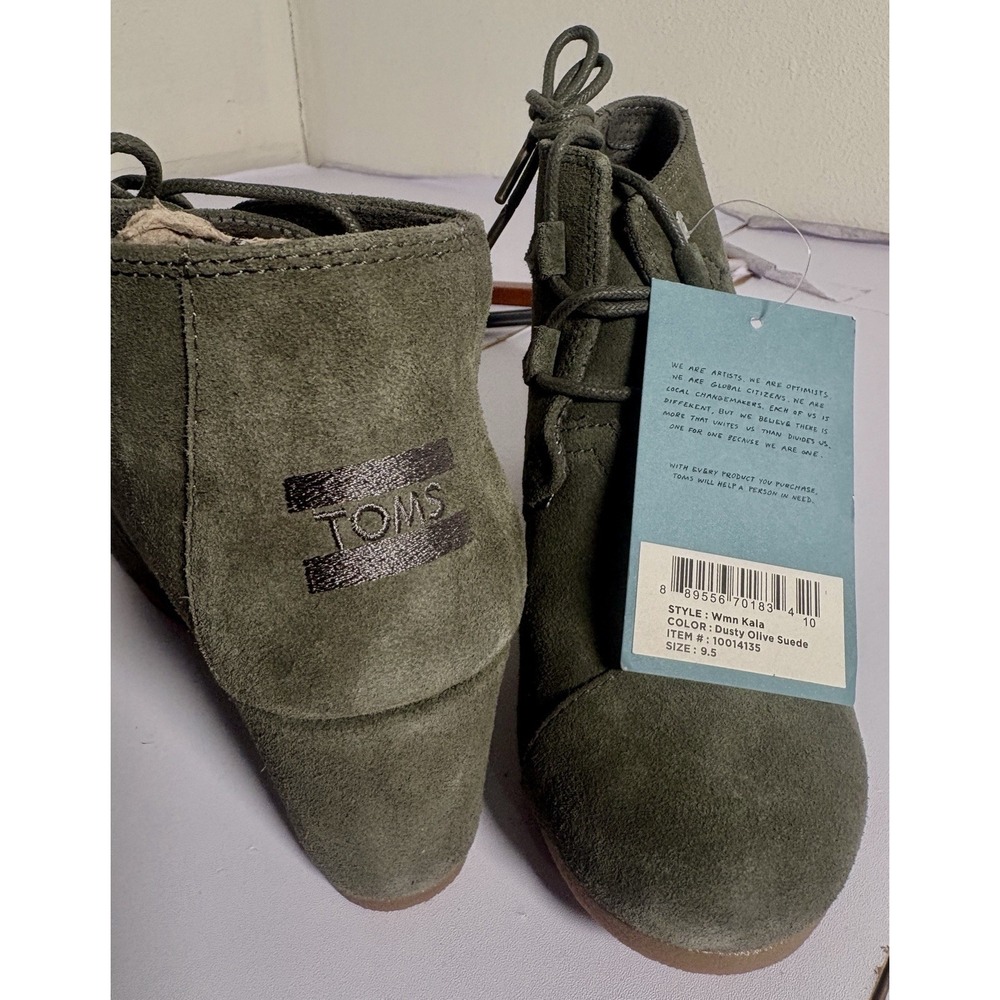 TOMS Kala Wedge Booties Suede Lace Up Olive Green Ankle Boots US 9.5 NWT Weekend